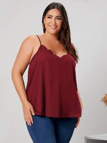 SHEIN LUNE Plus Solid Scallop Trim Cami Top - Burgundy - View 1