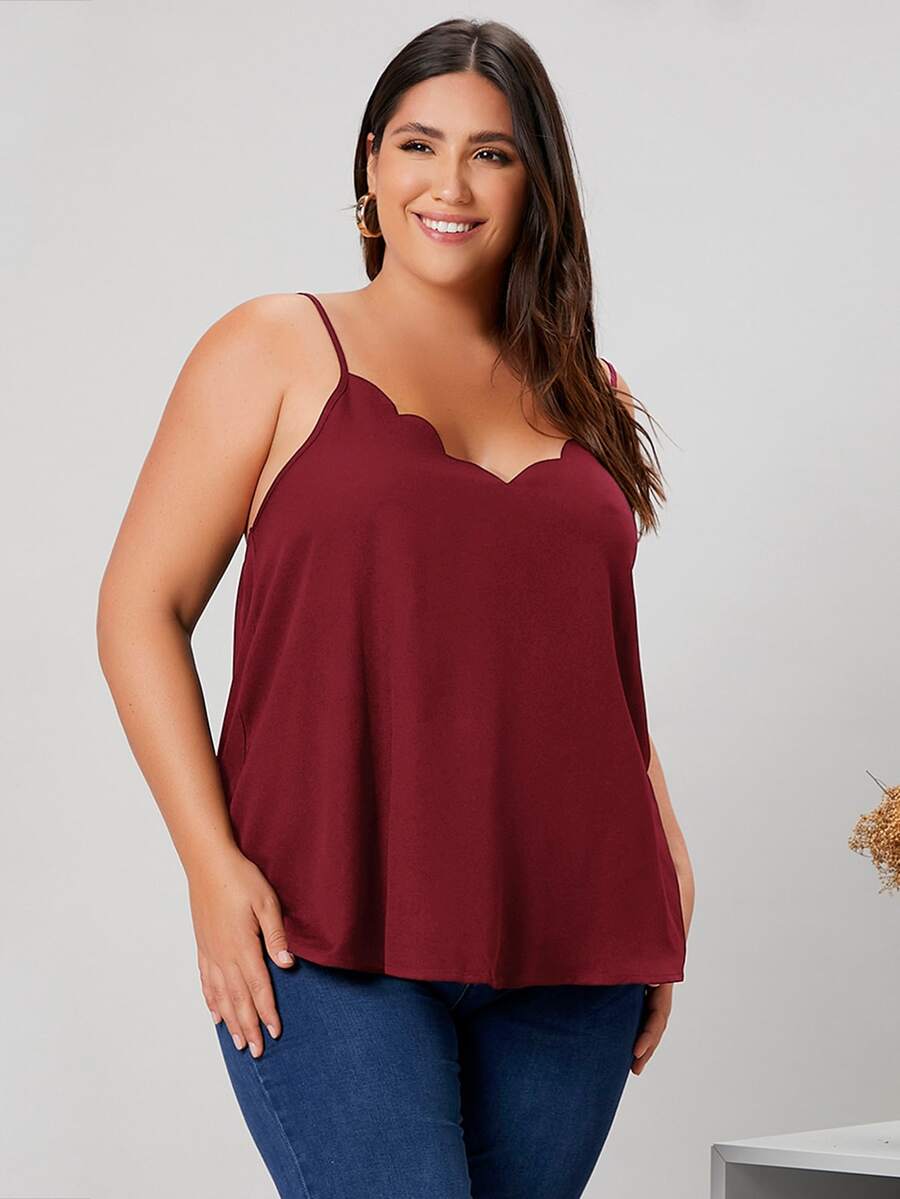 SHEIN LUNE Plus Solid Scallop Trim Cami Top - Burgundy - View 1