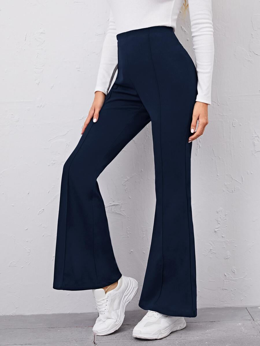 SHEIN EZwear High Waist Flare Leg Trousers - Navy Blue - View 1