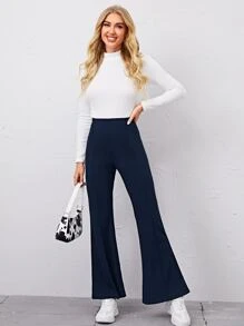SHEIN EZwear High Waist Flare Leg Trousers - Navy Blue - View 4