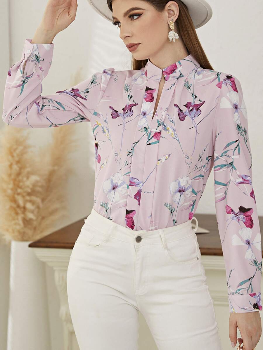 Mulvari Floral Print Notch Neck Blouse - Pink - View 1