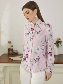 Mulvari Floral Print Notch Neck Blouse - Pink - View 3
