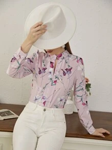 Mulvari Floral Print Notch Neck Blouse - Pink - View 4