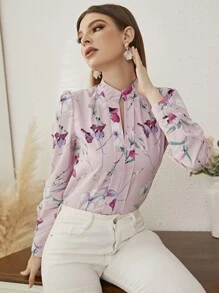 Mulvari Floral Print Notch Neck Blouse - Pink - View 5