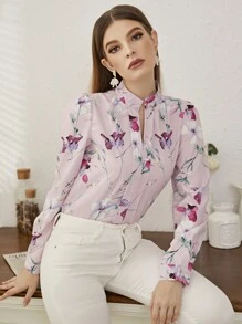 Mulvari Floral Print Notch Neck Blouse - Pink - View 6