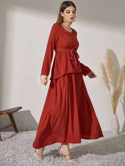Modelyn Asymmetrical Hem Belted Top & Maxi Skirt