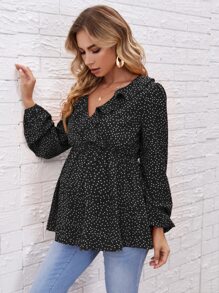 SHEIN Maternity Polka Dot Ruffle Trim Blouse - Black - View 1