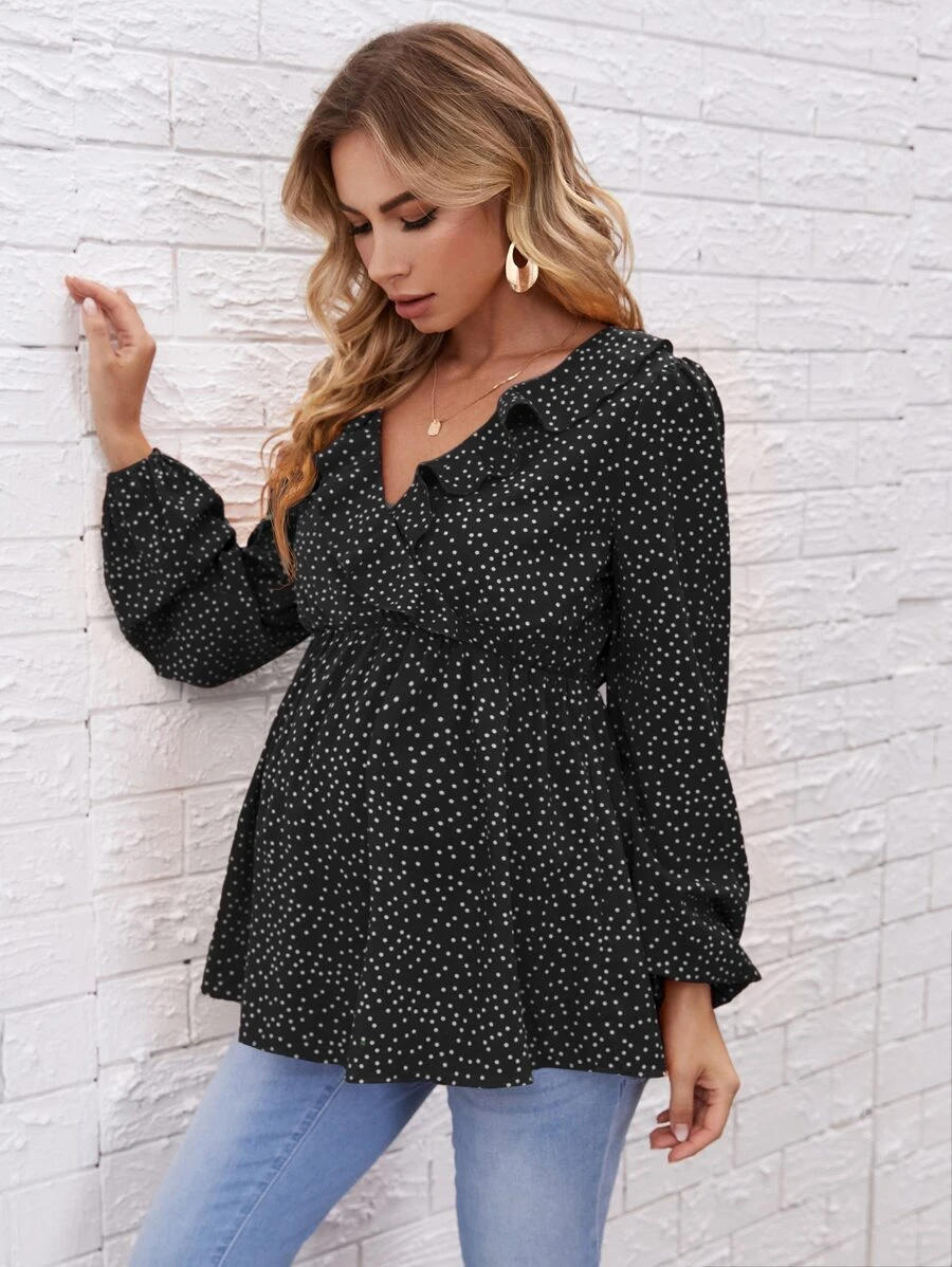 SHEIN Maternity Polka Dot Ruffle Trim Blouse - Black - View 1