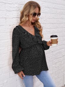 SHEIN Maternity Polka Dot Ruffle Trim Blouse - Black - View 3