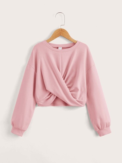 SHEIN Lässiger Langarm Sweatshirt Für Tween Mädchen Mit Verdrehter Vorderseite Und Schulterabfall Design