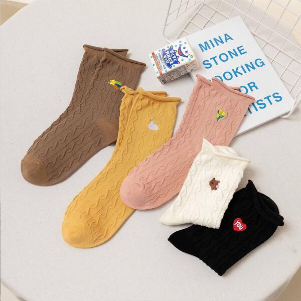 

5pairs Cartoon Animal Embroidered Crew Socks, Multicolor