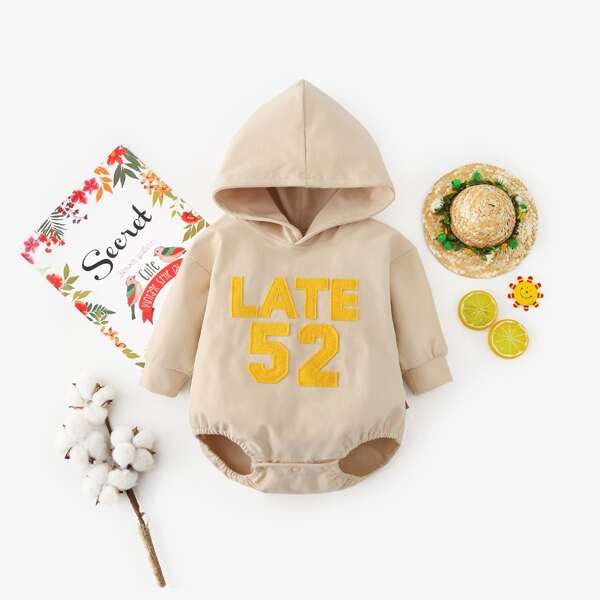 

Baby Letter Patched Hooded Bodysuit, Apricot