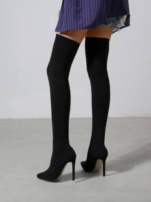 過膝細跟彈力靴 - 黑色 - 查看 4