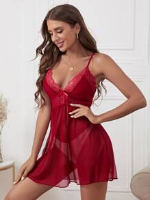 Đầm ngủ Nơ Bướm Tương phản ren cắt màu trơn Gợi cảm - Màu Đỏ Sâu - Xem 3
