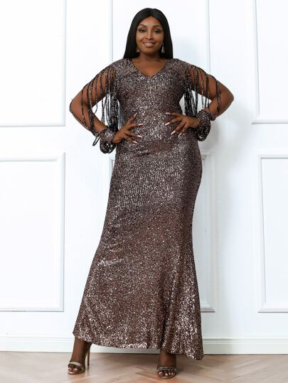 seomiscky Plus Fringe Lantern Sleeve Fishtail Hem Sequin Prom Dress