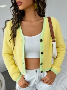 SHEIN Cárdigan tejido de canalé de color combinado - Amarillo - Ver 1