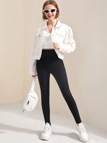 SHEIN Leap Crew Leggings Bé Gái Gân đan màu trơn Thể thao - màu đen - Xem 4