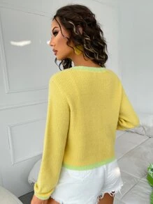 SHEIN Cárdigan tejido de canalé de color combinado - Amarillo - Ver 2