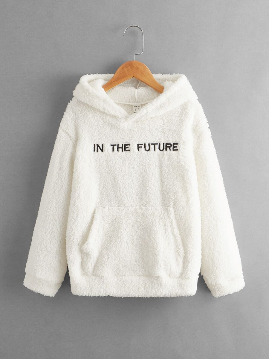 SHEIN Áo nỉ in hình gấu bông thêu chữ cho bé trai tuổi teen - trắng - Xem 1