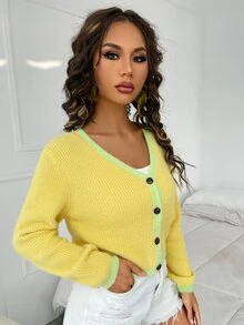 SHEIN Cárdigan tejido de canalé de color combinado - Amarillo - Ver 4