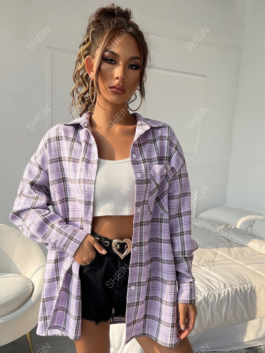 SHEIN EZwear Blusa con estampado de tartán de hombros caídos - Lila Púrpura - Ver 1