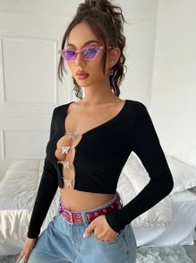 SHEIN 蝴蝶鏈條前上衣 - 黑色 - 查看 3