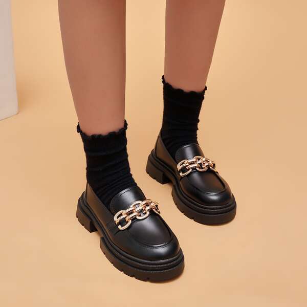 

Women Minimalist Chain Decor Chunky Loafers, Black