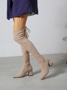 Tie Back Design Chunky Heeled Over Knee Sock Boots - Apricot - View 1