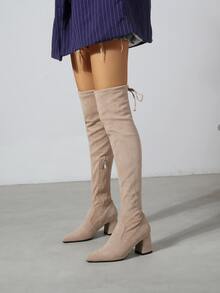 Tie Back Design Chunky Heeled Over Knee Sock Boots - Apricot - View 2
