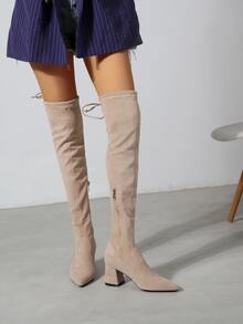 Tie Back Design Chunky Heeled Over Knee Sock Boots - Apricot - View 3