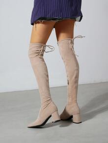 Tie Back Design Chunky Heeled Over Knee Sock Boots - Apricot - View 4