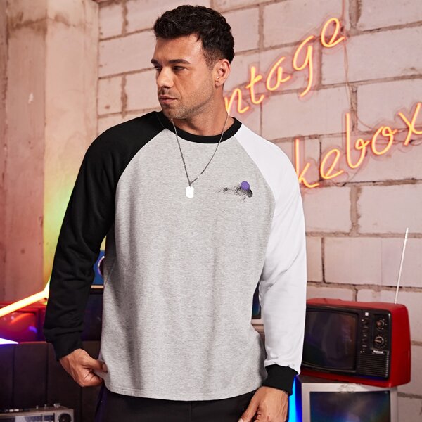 

Men Moon Print Color Block Raglan Sleeve Sweatshirt, Multicolor