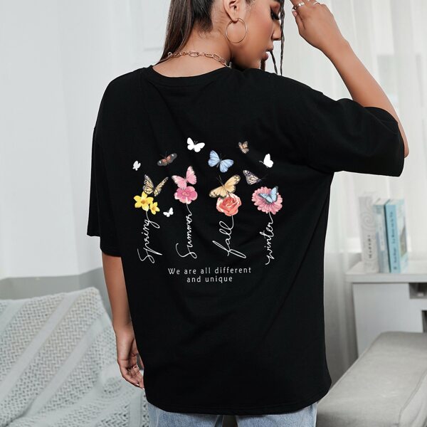 

Slogan & Butterfly Print Drop Shoulder Tee, Black