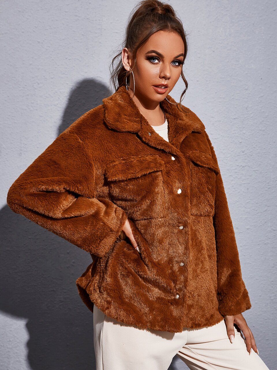 Drop Shoulder Flap Pocket Fuzzy Coat