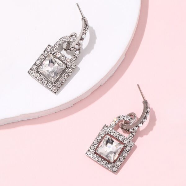 

Rhinestone Lock Decor Drop Earrings, Silver