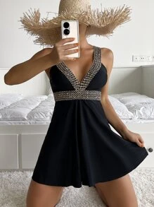 SHEIN Swim Summer Beach Colorblock Tankini Set Stitched Detail Swim Dress With Boxer Shorts 2 Piece Bathing Suit Short Dresses - Black - View 1