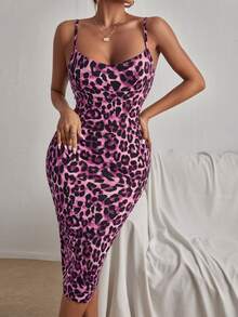 SHEIN SXY Vestido ajustado de tirantes con estampado de leopardo bajo con abertura - Multicolor - Ver 4