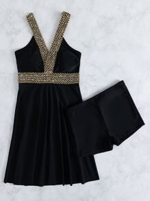 SHEIN Swim Summer Beach Colorblock Tankini Set Stitched Detail Swim Dress With Boxer Shorts 2 Piece Bathing Suit Short Dresses - Black - View 5