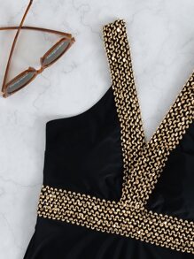 SHEIN Swim Summer Beach Colorblock Tankini Set Stitched Detail Swim Dress With Boxer Shorts 2 Piece Bathing Suit Short Dresses - Black - View 6