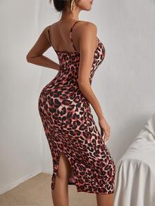 SHEIN SXY Vestido ajustado de tirantes con estampado de leopardo bajo con abertura - Multicolor - Ver 2