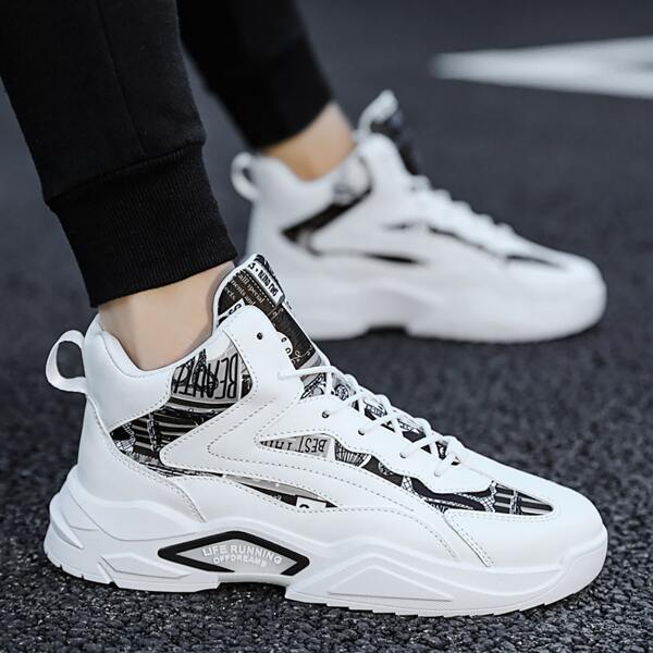 

Men Colorblock Lace-up Front Sneakers, Black and white