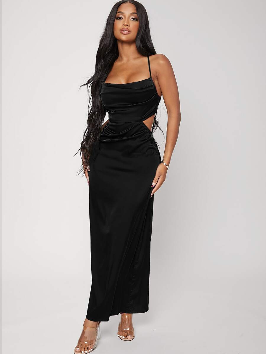 SHEIN SXY Cut Out Crisscross Backless Satin Dress - Black - View 1