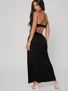 SHEIN SXY Cut Out Crisscross Backless Satin Dress - Black - View 5