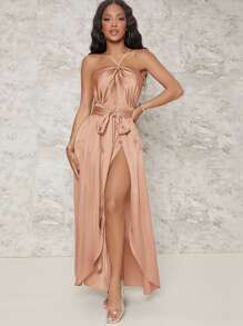 SHEIN SXY Đầm Lộ Lưng Thắt lưng Buộc lại Dây kéo Tách cao màu trơn Gợi cảm - Màu Hồng  San hô - Xem 1