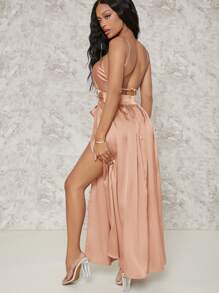 SHEIN SXY Đầm Lộ Lưng Thắt lưng Buộc lại Dây kéo Tách cao màu trơn Gợi cảm - Màu Hồng  San hô - Xem 2