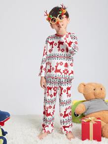 SHEIN Boys Christmas Print Top & Pants PJ Set - Multicolor - View 1