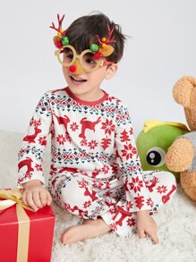 SHEIN Boys Christmas Print Top & Pants PJ Set - Multicolor - View 3