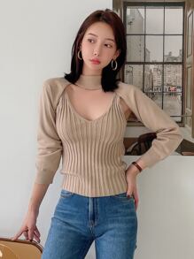 DAZY 條紋針織吊帶上衣和超短版套頭毛衣 - 卡其色 - 查看 1