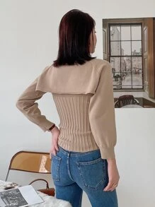 DAZY 條紋針織吊帶上衣和超短版套頭毛衣 - 卡其色 - 查看 2