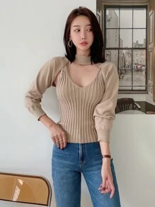 DAZY 條紋針織吊帶上衣和超短版套頭毛衣 - 卡其色 - 查看 4